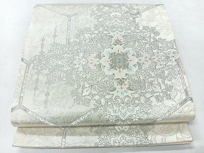 平和屋着物◎両面　六通柄袋帯　唐織　吉祥華飾華文　銀糸　正絹　逸品　CABI4578nb