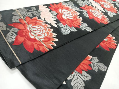 平和屋着物◎六通柄袋帯　舞花文　黒地　銀糸　正絹　逸品　未使用　CABI4583nb