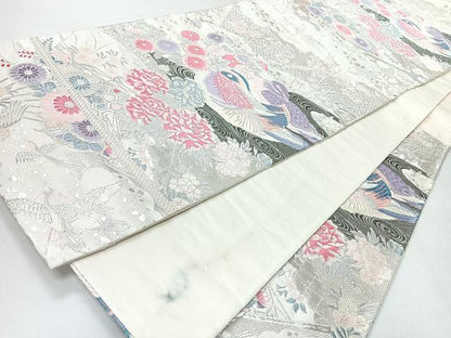 平和屋着物◎六通柄袋帯　唐織　九百錦　鴛鴦扇面文　銀糸　正絹　逸品　未使用　CABI4584nb