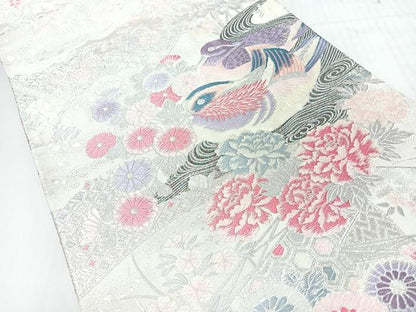 平和屋着物◎六通柄袋帯　唐織　九百錦　鴛鴦扇面文　銀糸　正絹　逸品　未使用　CABI4584nb