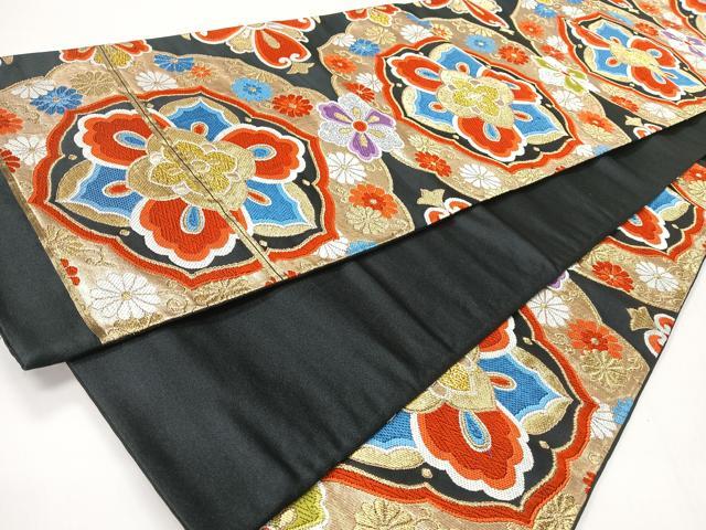平和屋着物◎六通柄袋帯　更紗花文　黒地　金銀糸　正絹　逸品　CABI4587nb