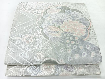 平和屋着物◎六通柄袋帯　唐織　松皮菱花鳥文　銀糸　正絹　逸品　CABI4588nb