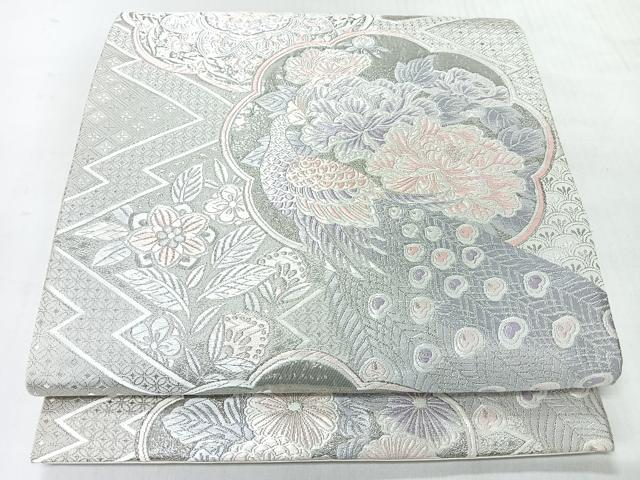 平和屋着物◎六通柄袋帯　唐織　松皮菱花鳥文　銀糸　正絹　逸品　CABI4588nb