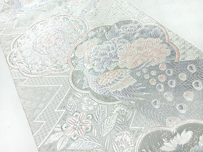 平和屋着物◎六通柄袋帯　唐織　松皮菱花鳥文　銀糸　正絹　逸品　CABI4588nb