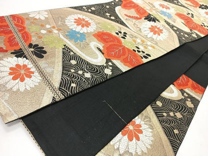 平和屋着物◎六通柄袋帯　流水草花文　黒地　金糸　正絹　逸品　CABI4589nb