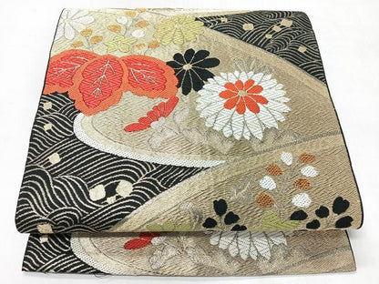 平和屋着物◎六通柄袋帯　流水草花文　黒地　金糸　正絹　逸品　CABI4589nb
