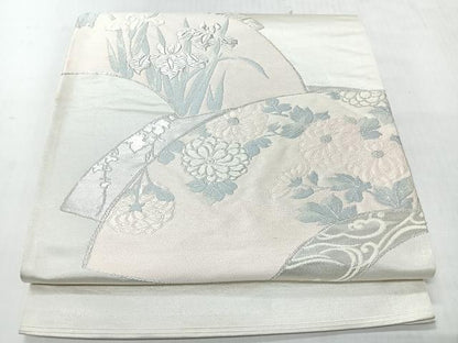 平和屋着物◎両面　太鼓柄袋帯　唐織　地紙草花文　銀糸　正絹　逸品　CABI4590nb