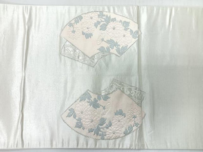 平和屋着物◎両面　太鼓柄袋帯　唐織　地紙草花文　銀糸　正絹　逸品　CABI4590nb