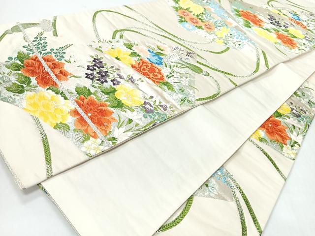 平和屋着物◎六通柄袋帯　唐織　紙草花文　銀糸　正絹　逸品　CABI4592nb