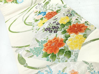 平和屋着物◎六通柄袋帯　唐織　紙草花文　銀糸　正絹　逸品　CABI4592nb