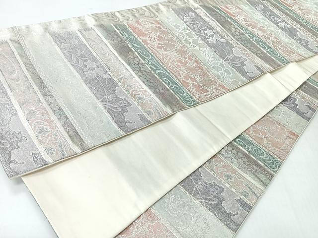 平和屋着物◎六通柄袋帯　流水草花文　銀糸　正絹　逸品　CABI4595nb
