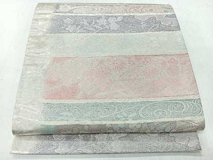 平和屋着物◎六通柄袋帯　流水草花文　銀糸　正絹　逸品　CABI4595nb