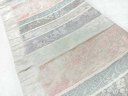 平和屋着物◎六通柄袋帯　流水草花文　銀糸　正絹　逸品　CABI4595nb