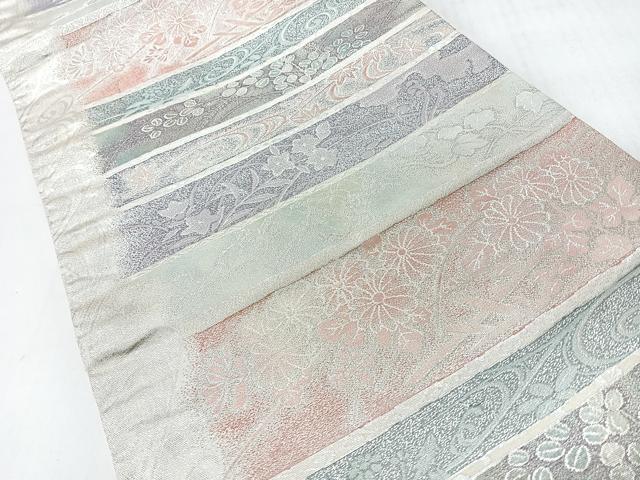 平和屋着物◎六通柄袋帯　流水草花文　銀糸　正絹　逸品　CABI4595nb