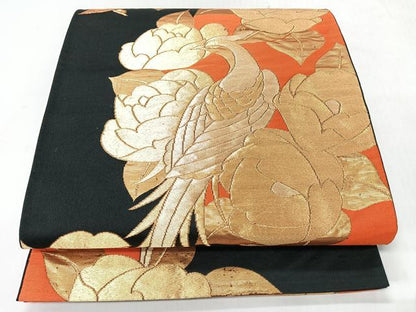 平和屋着物◎六通柄袋帯　花鳥文　黒地　金糸　正絹　逸品　CABI4596nb