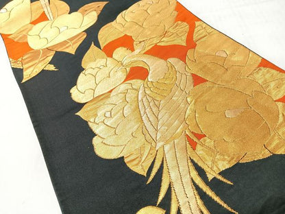 平和屋着物◎六通柄袋帯　花鳥文　黒地　金糸　正絹　逸品　CABI4596nb