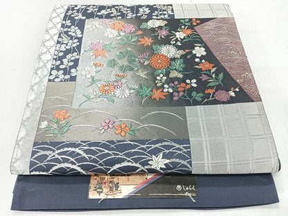 平和屋着物◎西陣　京の名門　じゅらく謹製　六通柄袋帯　流水草花文　銀糸　証紙付き　正絹　逸品　未使用　CABI4597nb