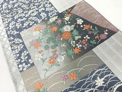 平和屋着物◎西陣　京の名門　じゅらく謹製　六通柄袋帯　流水草花文　銀糸　証紙付き　正絹　逸品　未使用　CABI4597nb