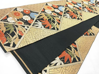 平和屋着物◎六通柄袋帯　草花文　黒地　金糸　正絹　逸品　CABI4603nb