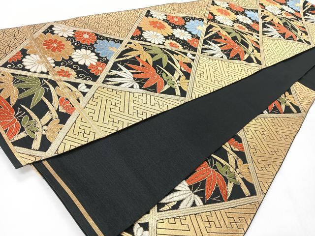 平和屋着物◎六通柄袋帯　草花文　黒地　金糸　正絹　逸品　CABI4603nb