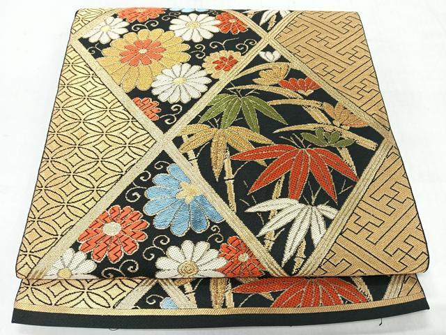 平和屋着物◎六通柄袋帯　草花文　黒地　金糸　正絹　逸品　CABI4603nb