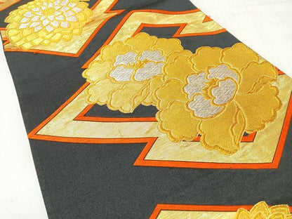 平和屋着物◎六通柄袋帯　唐織　松皮菱舞花文　黒地　金銀糸　正絹　逸品　CABI4611nb