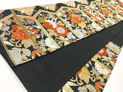 平和屋着物◎六通柄袋帯　草花文　黒地　金銀糸　正絹　逸品　CABI4613nb