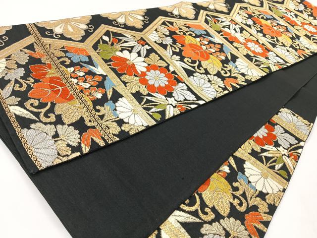 平和屋着物◎六通柄袋帯　草花文　黒地　金銀糸　正絹　逸品　CABI4613nb