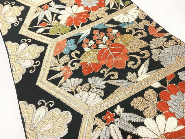 平和屋着物◎六通柄袋帯　草花文　黒地　金銀糸　正絹　逸品　CABI4613nb