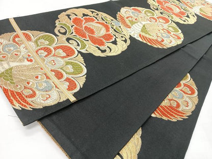 平和屋着物◎六通柄　本袋帯　孔雀花丸文　黒地　金糸　正絹　逸品　CABI4614nb