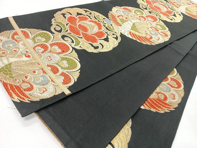 平和屋着物◎六通柄　本袋帯　孔雀花丸文　黒地　金糸　正絹　逸品　CABI4614nb