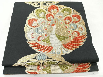平和屋着物◎六通柄　本袋帯　孔雀花丸文　黒地　金糸　正絹　逸品　CABI4614nb