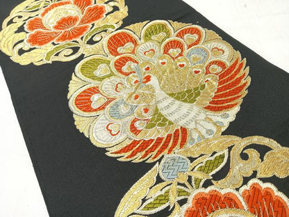 平和屋着物◎六通柄　本袋帯　孔雀花丸文　黒地　金糸　正絹　逸品　CABI4614nb