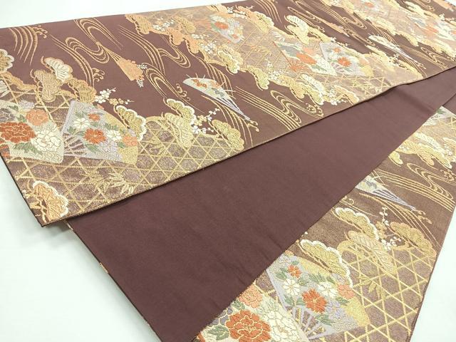 平和屋着物◎六通柄袋帯　唐織　流水扇面草花文　松　金糸　正絹　逸品　CABI4615nb