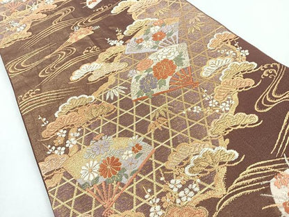 平和屋着物◎六通柄袋帯　唐織　流水扇面草花文　松　金糸　正絹　逸品　CABI4615nb
