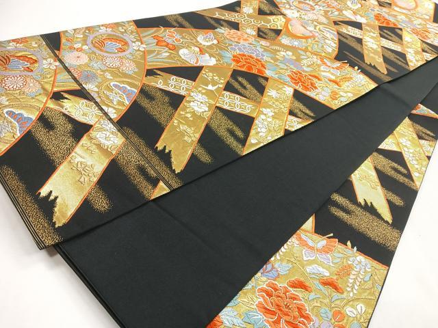 平和屋着物◎六通柄袋帯　唐織　華光悦垣　黒地　金銀糸　正絹　逸品　CABI4618nb