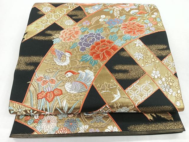 平和屋着物◎六通柄袋帯　唐織　華光悦垣　黒地　金銀糸　正絹　逸品　CABI4618nb