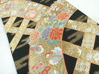 平和屋着物◎六通柄袋帯　唐織　華光悦垣　黒地　金銀糸　正絹　逸品　CABI4618nb
