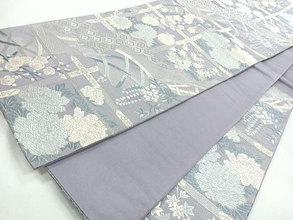 平和屋着物◎六通柄袋帯　草花文　銀糸　正絹　逸品　CABI4626nb