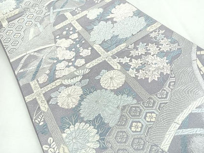 平和屋着物◎六通柄袋帯　草花文　銀糸　正絹　逸品　CABI4626nb