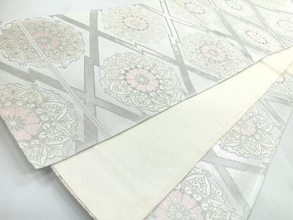平和屋着物◎六通柄袋帯　唐織　松皮菱更紗花文　銀糸　正絹　逸品　CABI4628nb