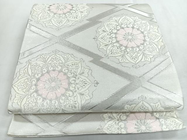 平和屋着物◎六通柄袋帯　唐織　松皮菱更紗花文　銀糸　正絹　逸品　CABI4628nb