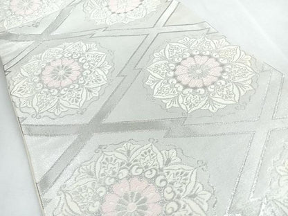 平和屋着物◎六通柄袋帯　唐織　松皮菱更紗花文　銀糸　正絹　逸品　CABI4628nb