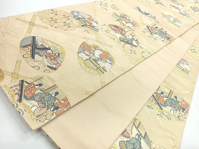 平和屋着物◎六通柄袋帯　貝合せ流水人物風景文　金糸　正絹　逸品　CABI4637nb