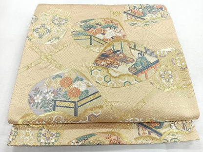 平和屋着物◎六通柄袋帯　貝合せ流水人物風景文　金糸　正絹　逸品　CABI4637nb