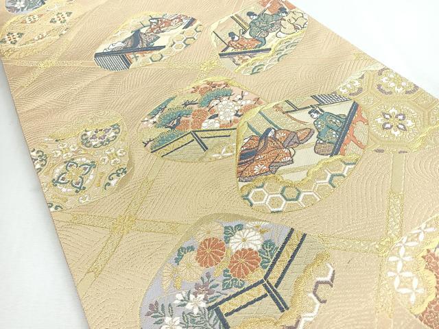 平和屋着物◎六通柄袋帯　貝合せ流水人物風景文　金糸　正絹　逸品　CABI4637nb