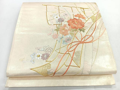平和屋着物◎太鼓柄袋帯　総刺繍　駒刺繍　結び紐　草花文　金銀糸　鈴乃屋扱い　正絹　逸品　未使用　CABI4638nb