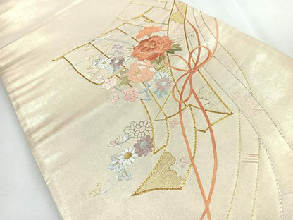 平和屋着物◎太鼓柄袋帯　総刺繍　駒刺繍　結び紐　草花文　金銀糸　鈴乃屋扱い　正絹　逸品　未使用　CABI4638nb