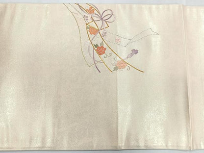 平和屋着物◎太鼓柄袋帯　総刺繍　駒刺繍　結び紐　草花文　金銀糸　鈴乃屋扱い　正絹　逸品　未使用　CABI4638nb