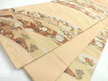 平和屋着物◎六通柄袋帯　唐織　松彩錦　流水飛鶴草花文　金糸　正絹　逸品　CABI4641nb